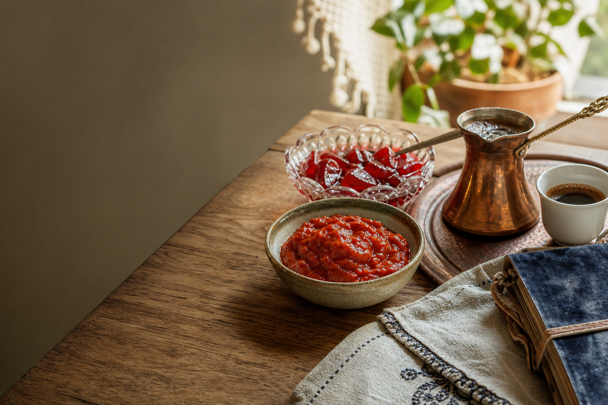 Ajvar, slatko, and coffee arranged on a Balkan table