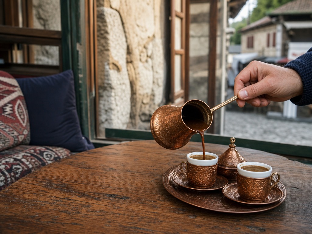 Bosnian coffee being poured from a copper džezva