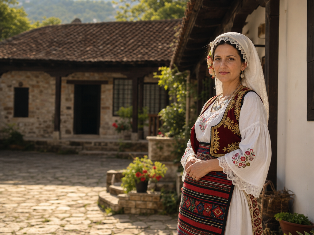 Serbian woman wearing traditional folk dress in a Balkan courtyard